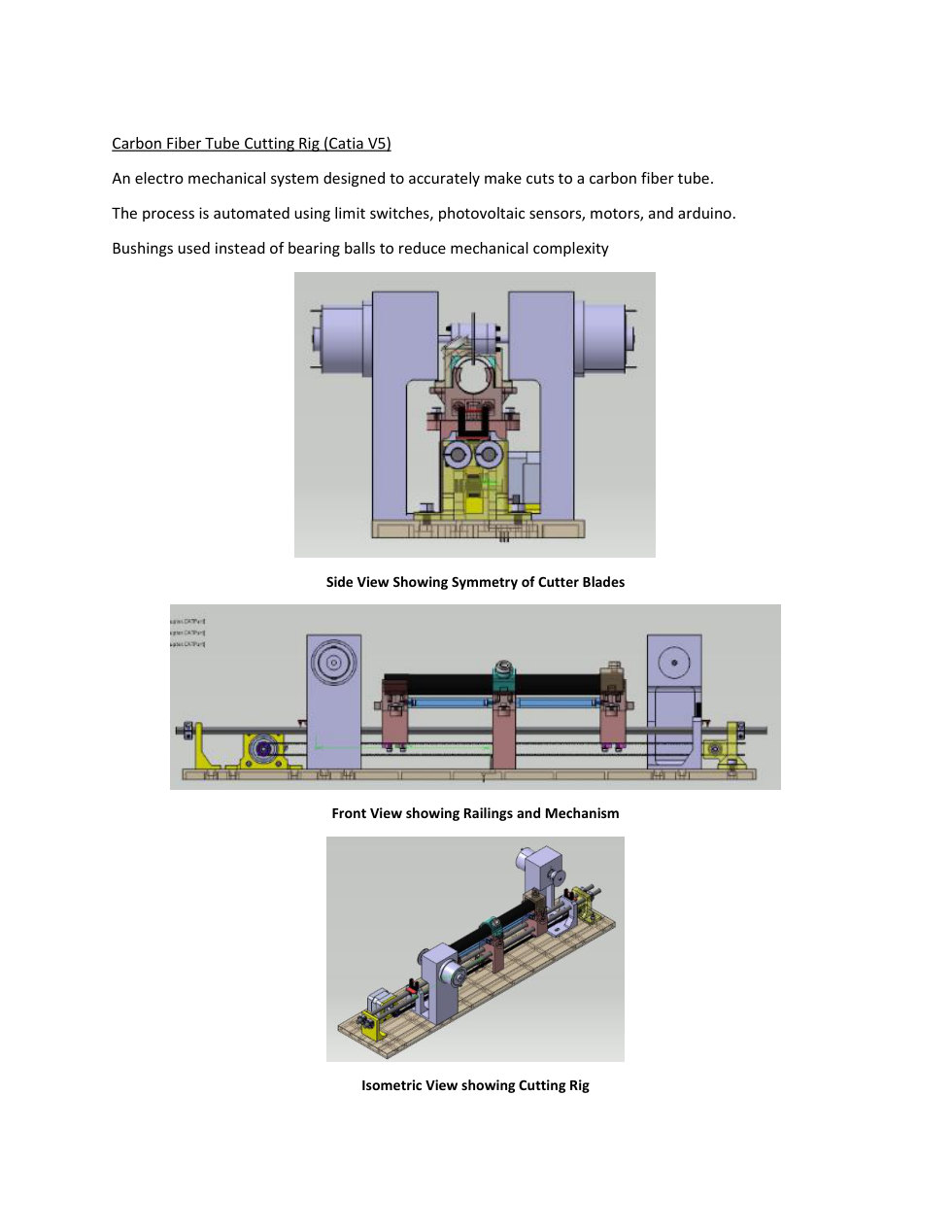 Portfolio page showing a carbon fiber tube cutting rig in CATIA V5