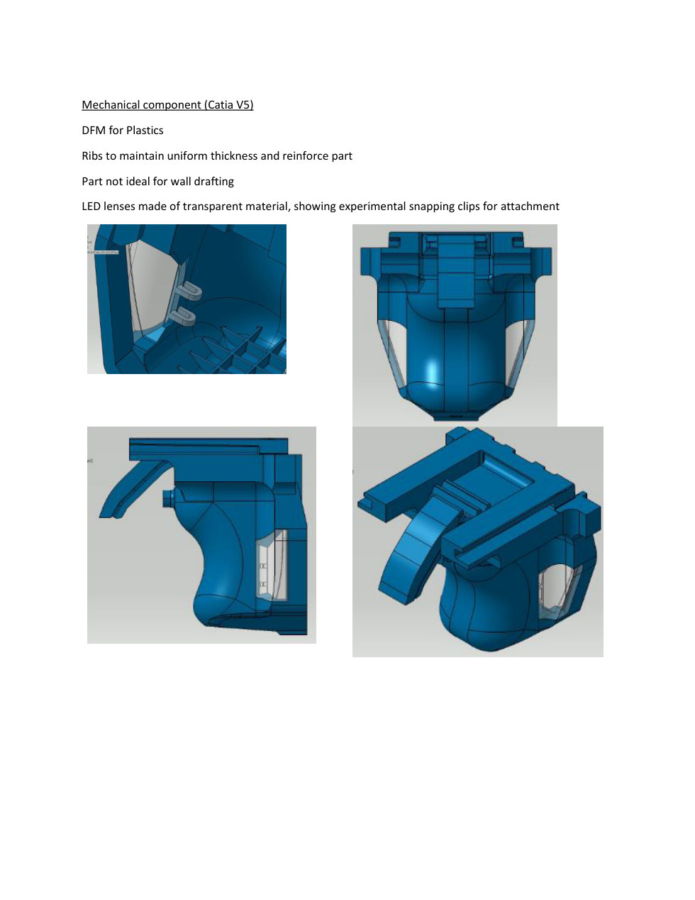 Portfolio page showing DFM plastic component design details