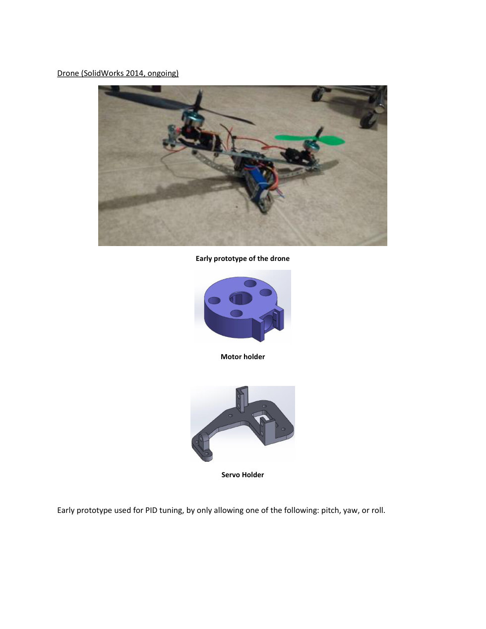 Portfolio page showing drone prototype parts for PID tuning