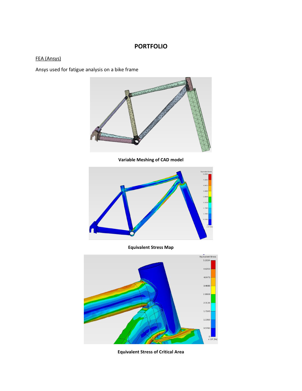 Portfolio page showing ANSYS fatigue analysis on a bike frame