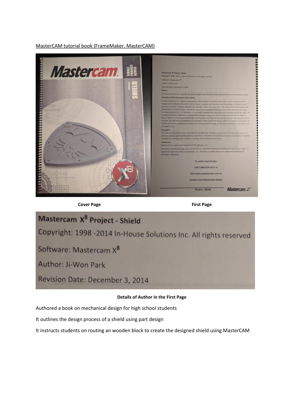 Portfolio page showing MasterCAM tutorial book authored by Ji-Won Park
