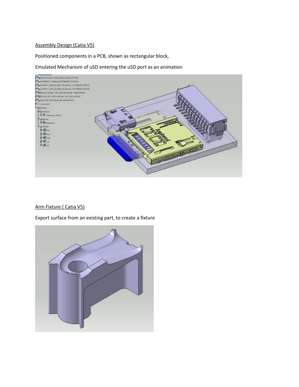 Portfolio page showing PCB assembly design and arm fixture work