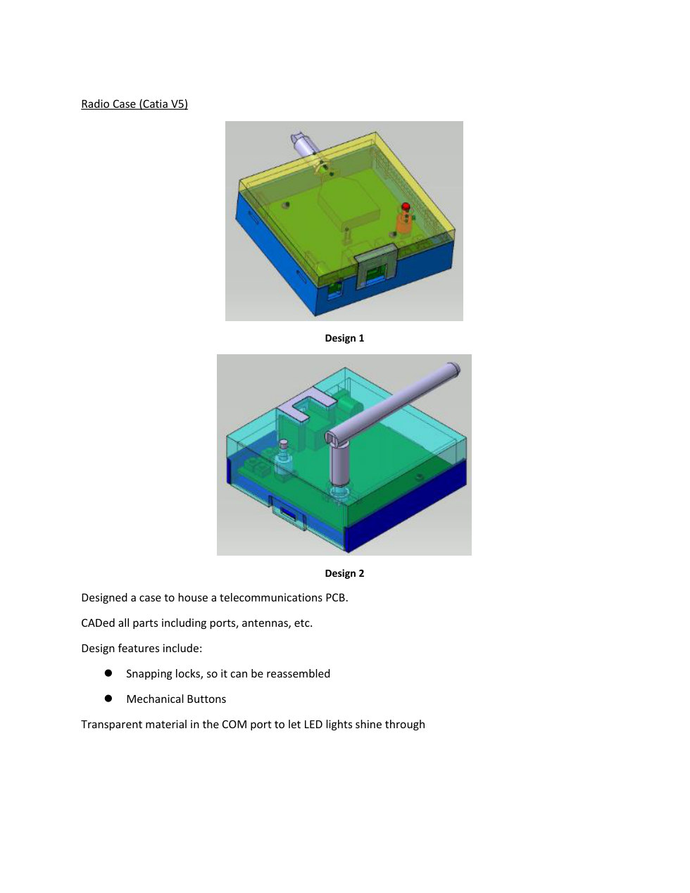 Portfolio page showing CATIA V5 radio case design iterations