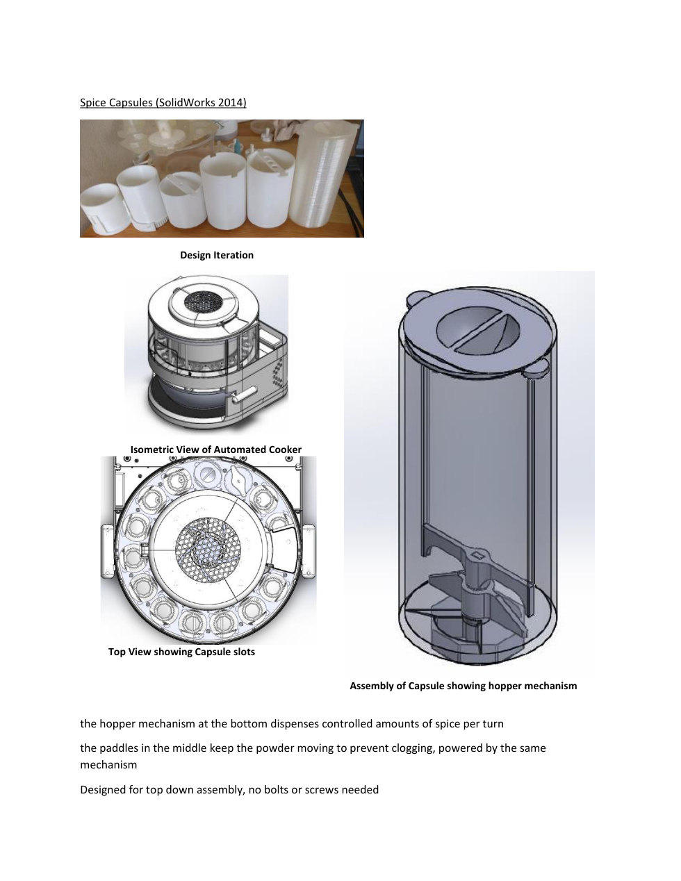 Portfolio page showing SolidWorks spice capsule mechanism for an automated cooker