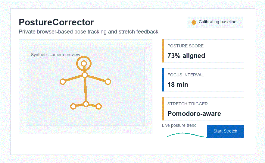 Animated synthetic demo of the PostureCorrector prototype interface