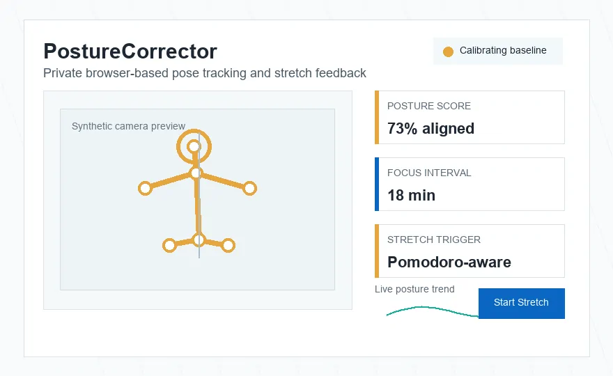Demo of the PostureCorrector interface showing live posture feedback